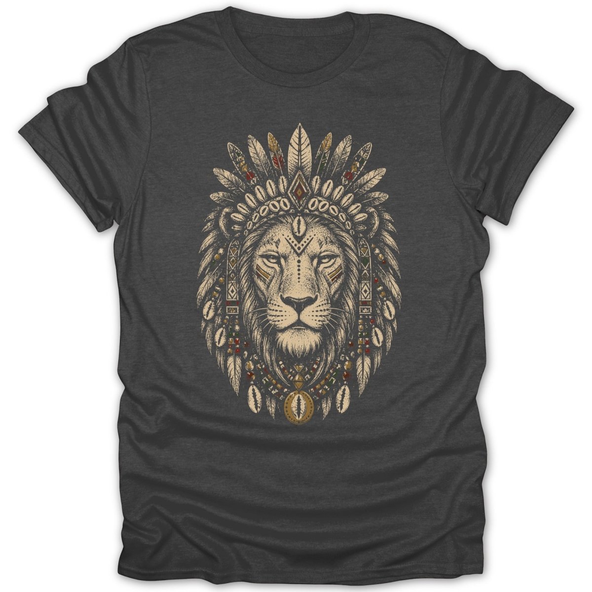 T-shirt with a dark gray background featuring a lion wearing a Native American headdress.