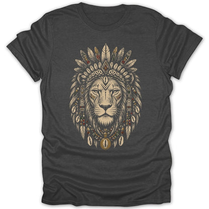 T-shirt with a dark gray background featuring a lion wearing a Native American headdress.