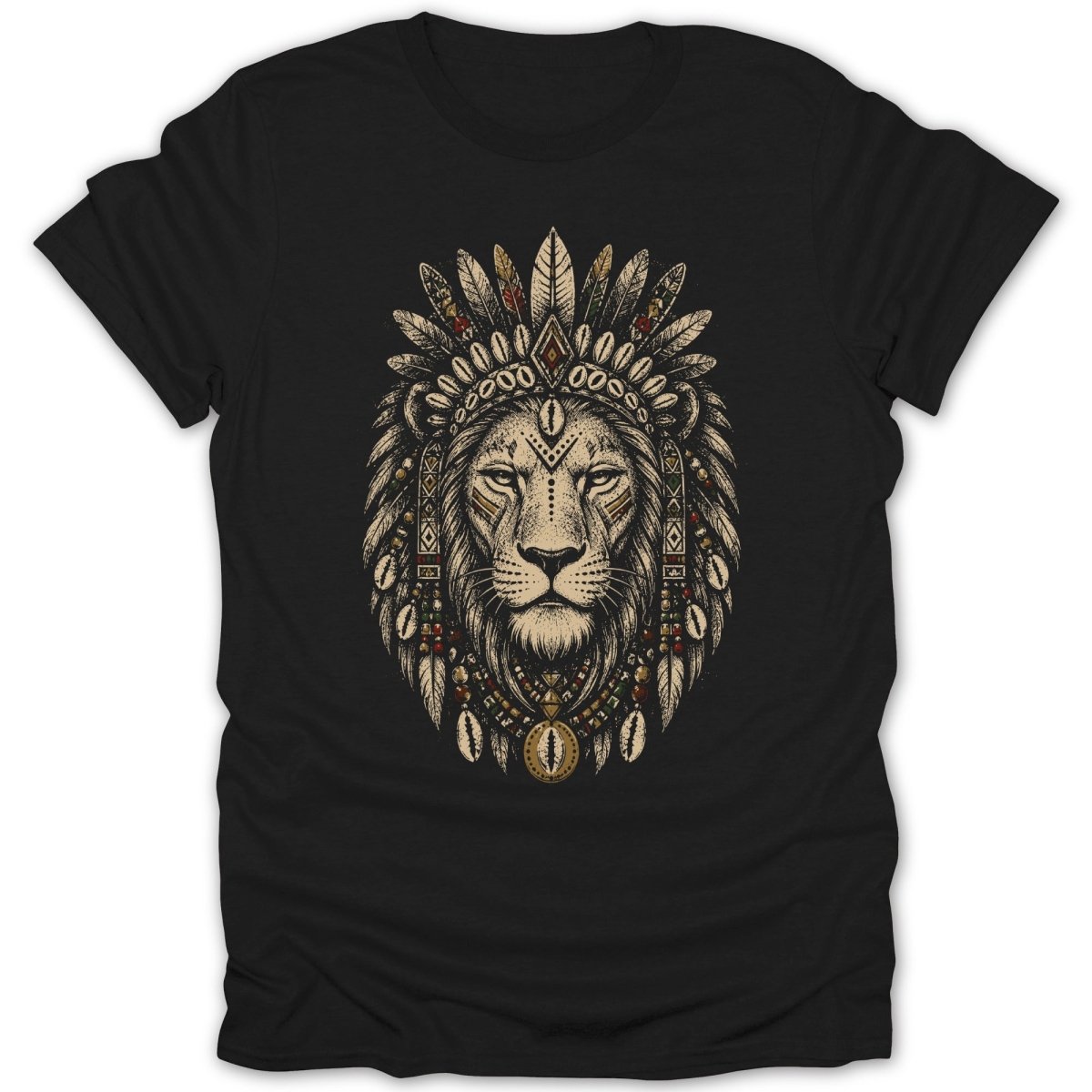 Lion head wearing a headdress with feathers and beads.