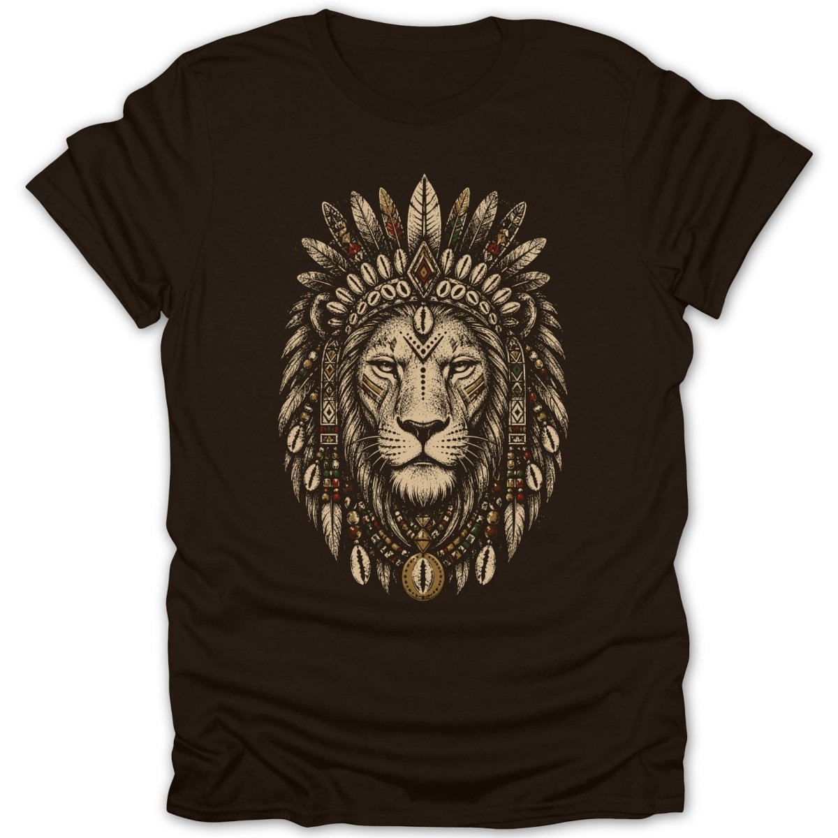 Lion head wearing a feathered headdress and bead necklace.