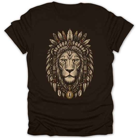 Lion head wearing a feathered headdress and bead necklace.