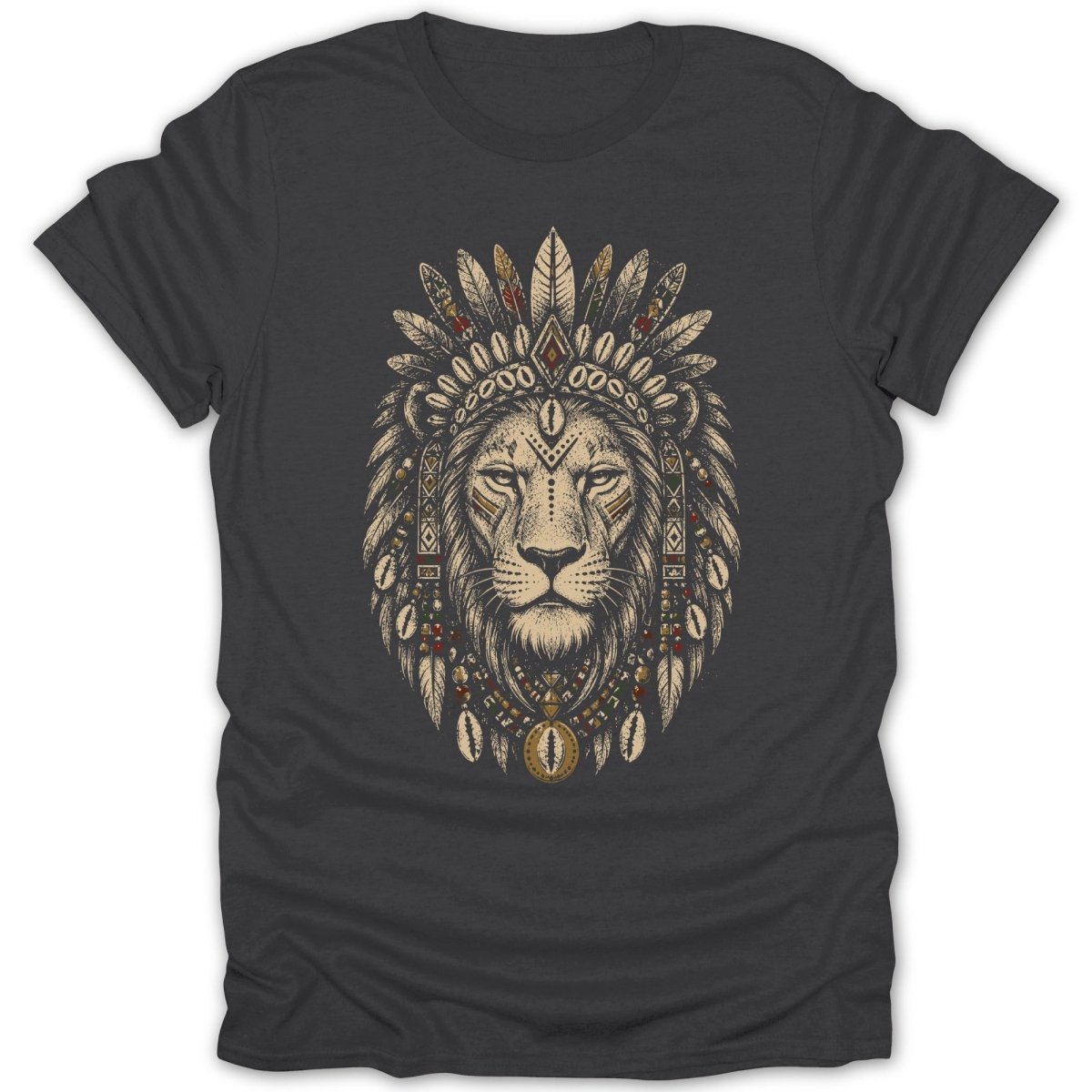 T-shirt with a dark charcoal graphic of a lion wearing a feathered headdress.