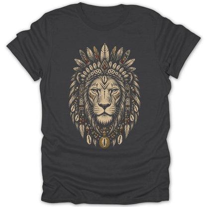 T-shirt with a dark charcoal graphic of a lion wearing a feathered headdress.