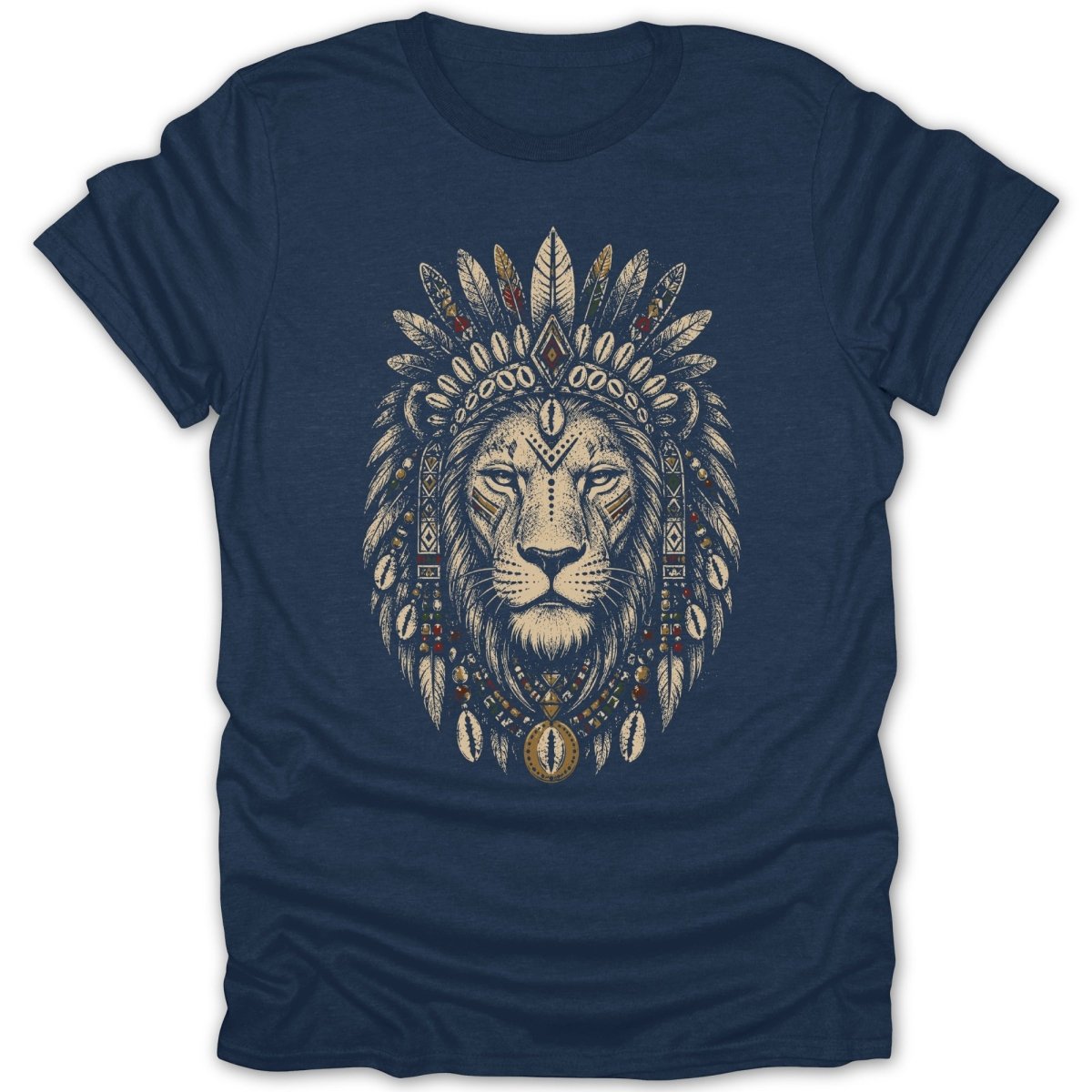 Lion head with feathered headdress and beaded necklace on navy t-shirt.