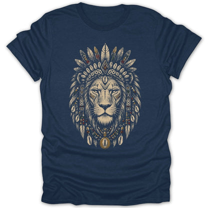 Lion head with feathered headdress and beaded necklace on navy t-shirt.
