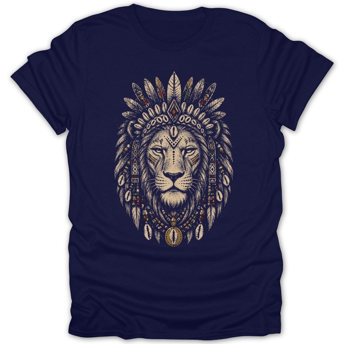Navy t-shirt with a lion's head wearing a Native American headdress.