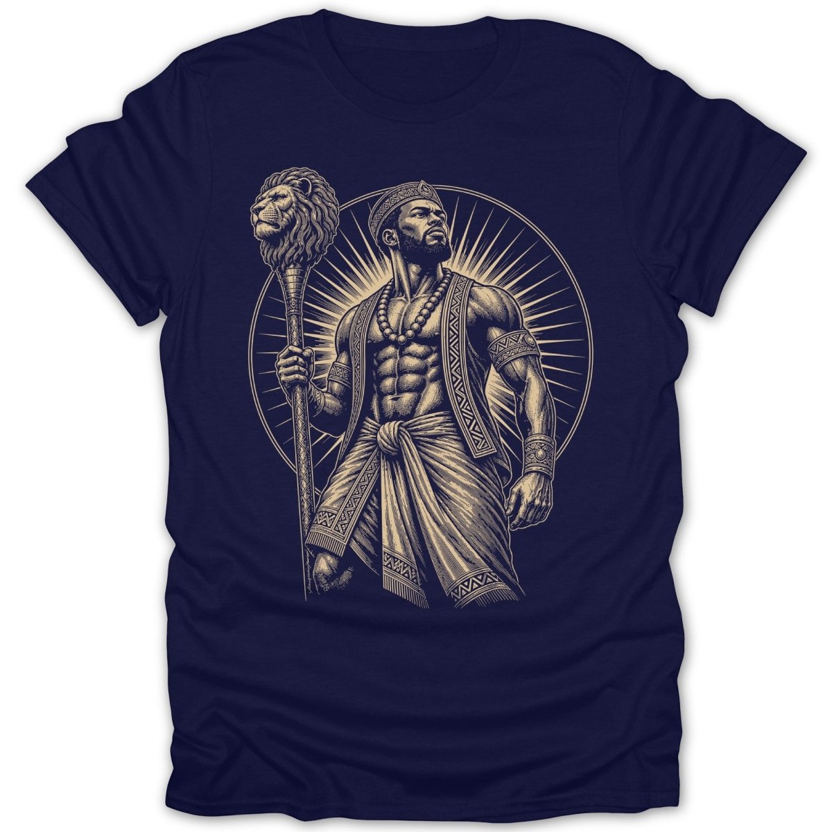 T-shirt with regal warrior holding lion-headed staff against sunburst.