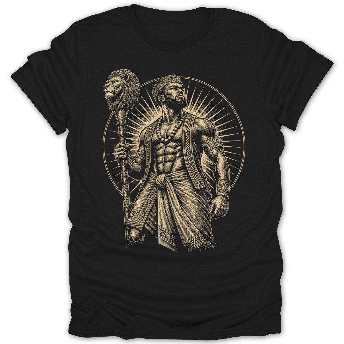 Illustration of a regal man holding a lion-headed scepter on a black t-shirt.