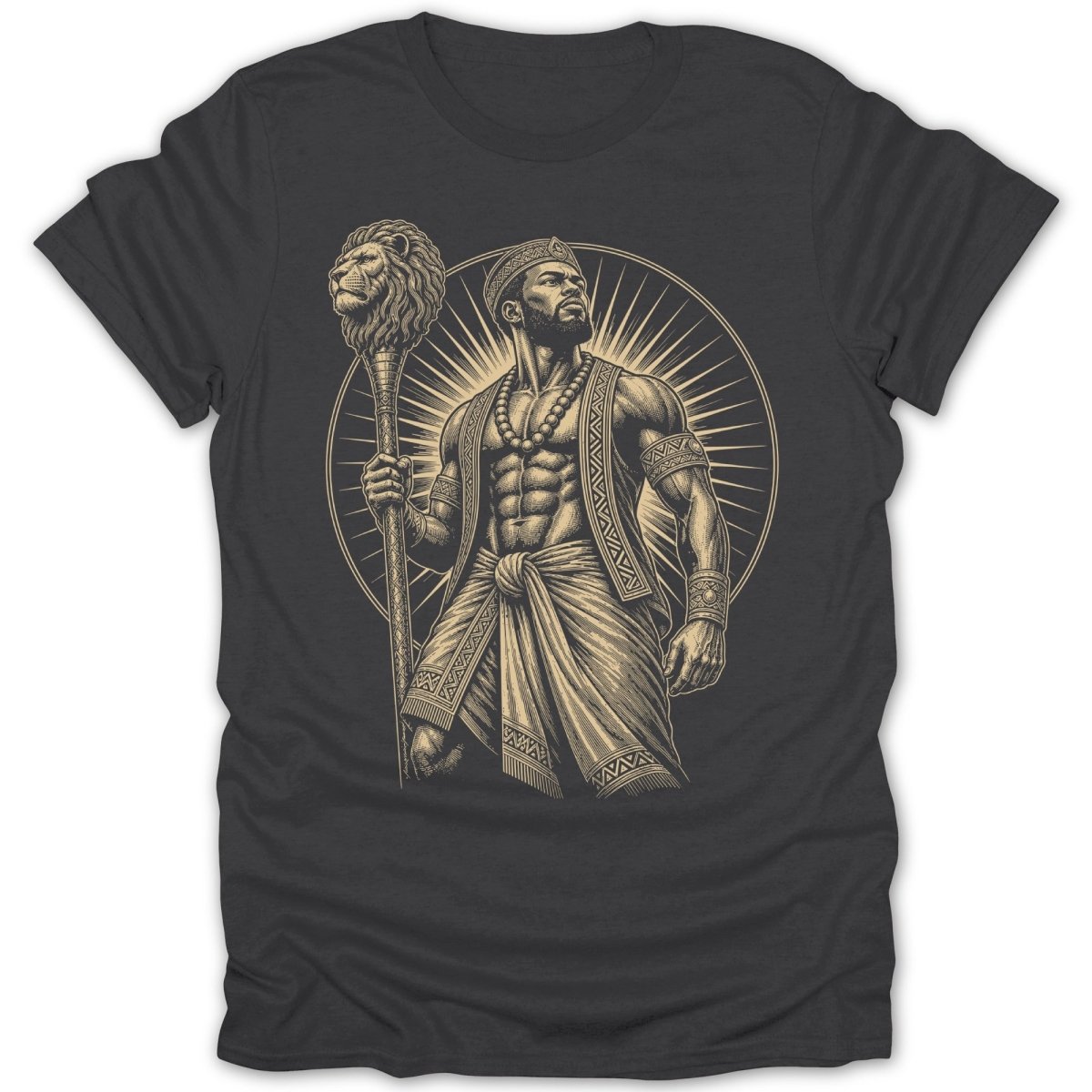 T-shirt with a gravure-style print of a crowned, muscular man holding a lion-headed scepter.