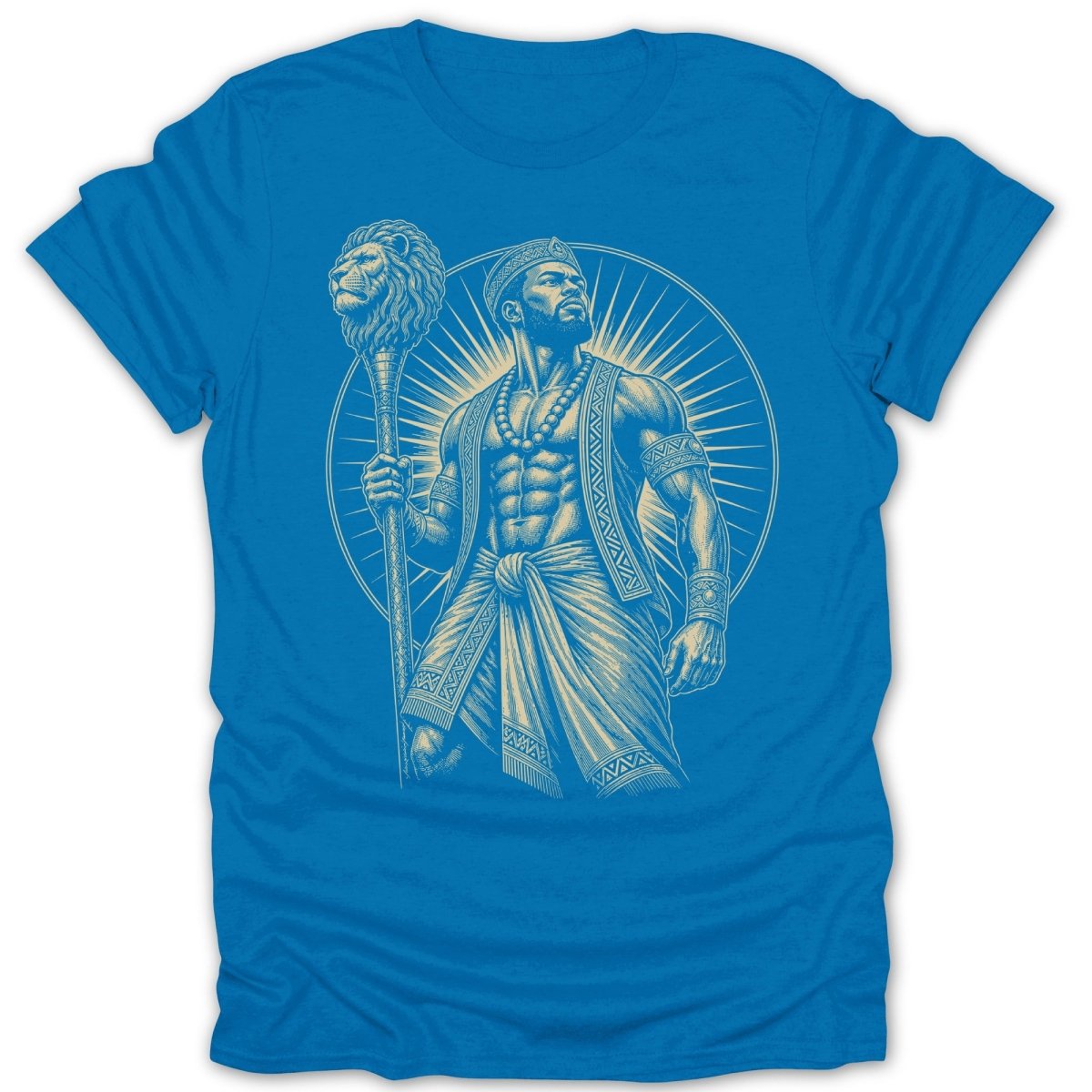 Engraved t-shirt graphic of a muscular man holding a lion head staff.