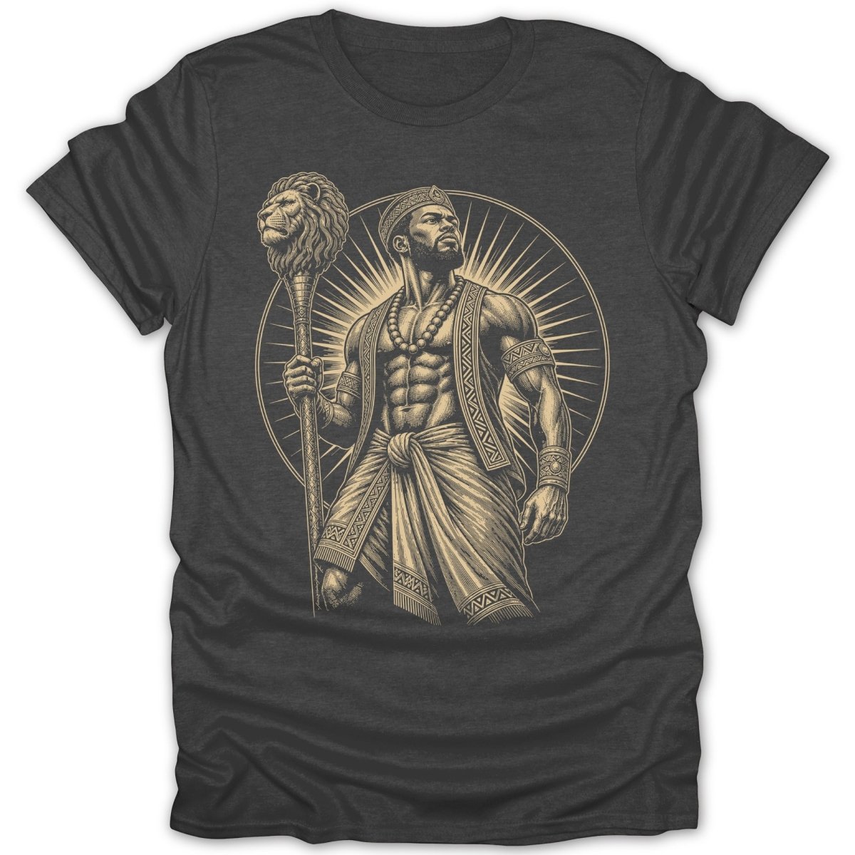 Man with beaded necklace and crown holding lion staff on dark t-shirt.