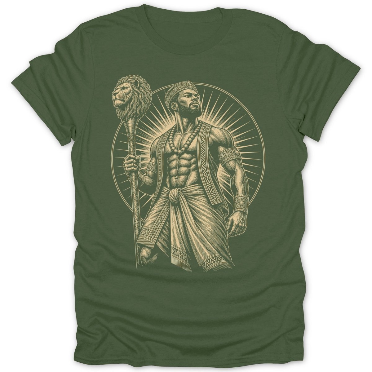 T-shirt with a drawing of a regal man holding a lion head staff, surrounded by sun rays.