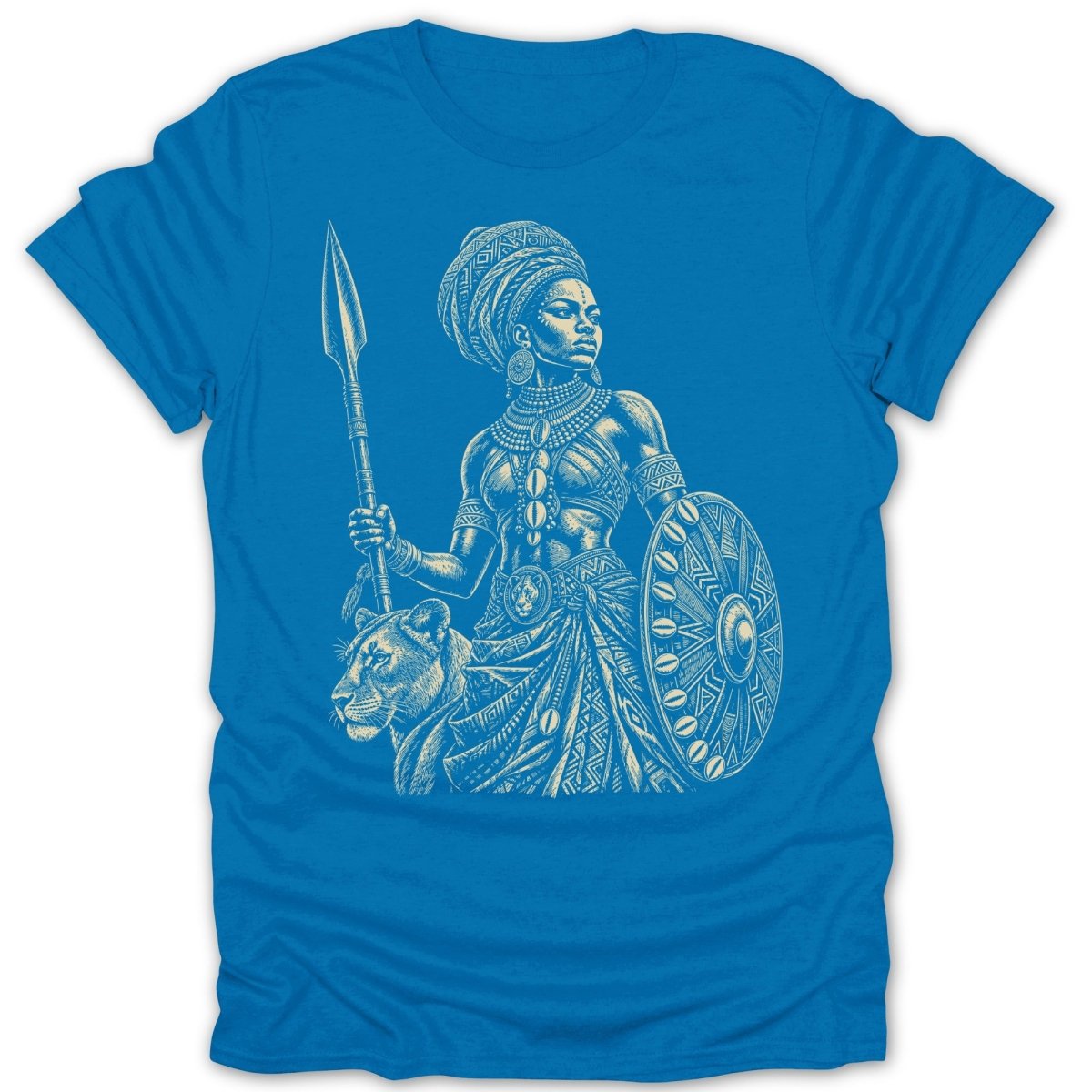 Illustration of a regal warrior woman, lion, spear, and shield on a blue t-shirt.