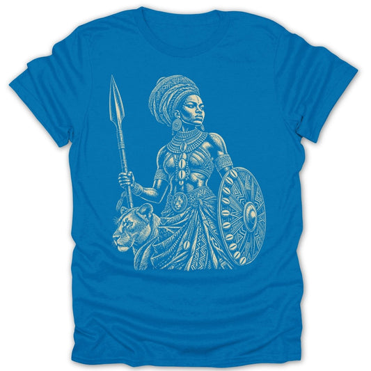 Illustration of a regal warrior woman, lion, spear, and shield on a blue t-shirt.