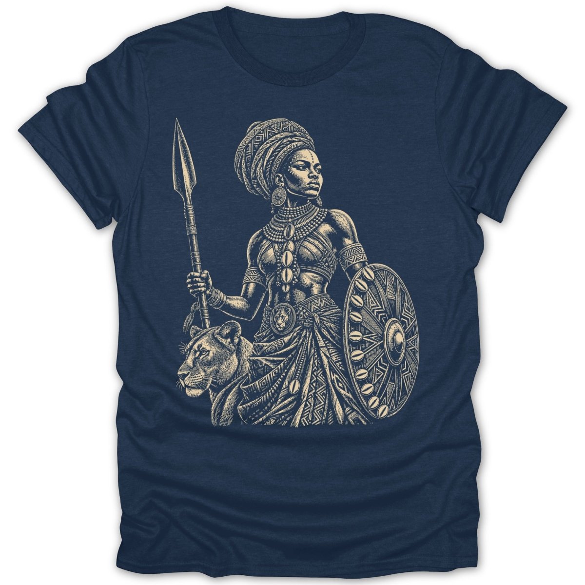 Warrior woman with spear and shield, standing by a lion.
