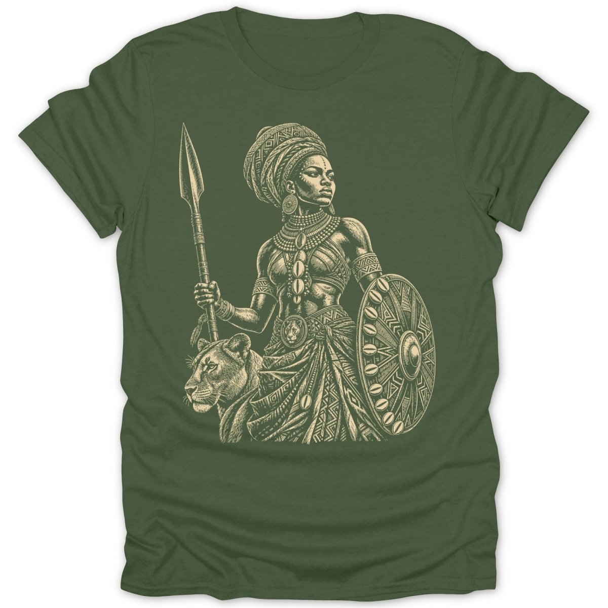 African warrior woman holding spear and shield with lion.
