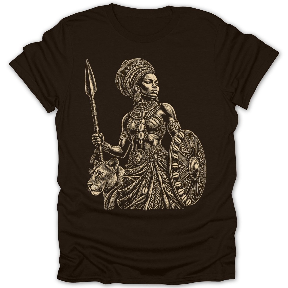 Illustration of a warrior woman with a spear and shield, next to a lion.