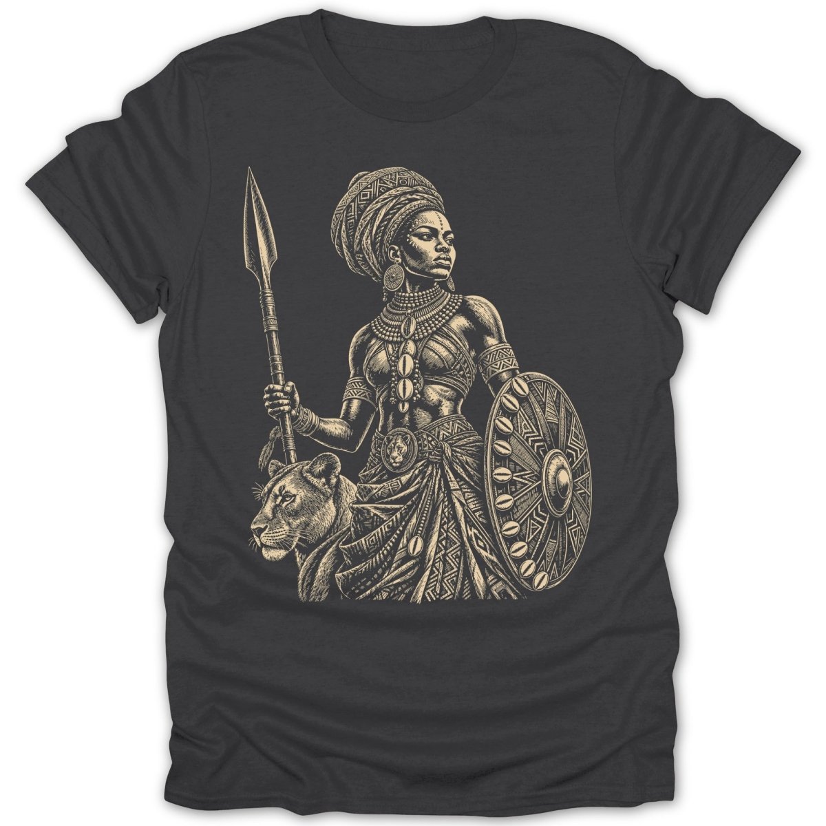 Illustration of an African warrior woman with a spear and shield, beside a lion.