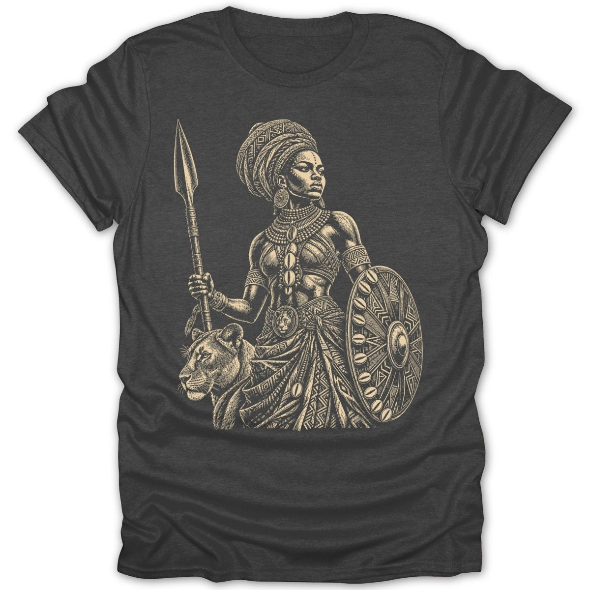 T-shirt displaying illustration of warrior woman with spear, shield, and lion.