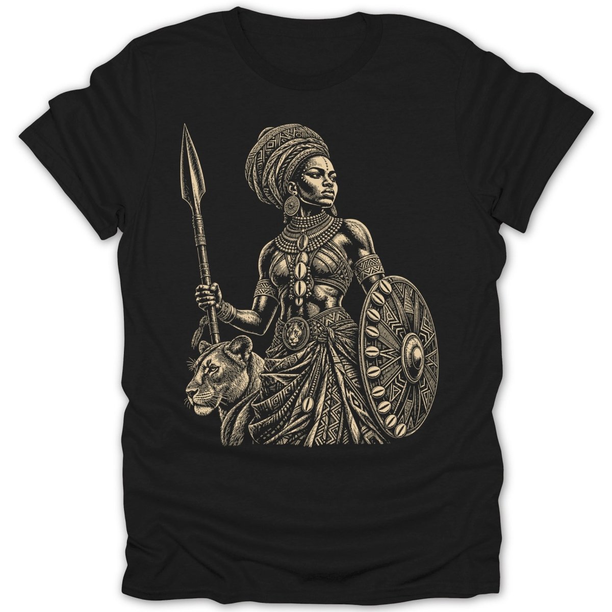 T-shirt with stylized illustration of a warrior woman holding a spear and shield beside a lion.