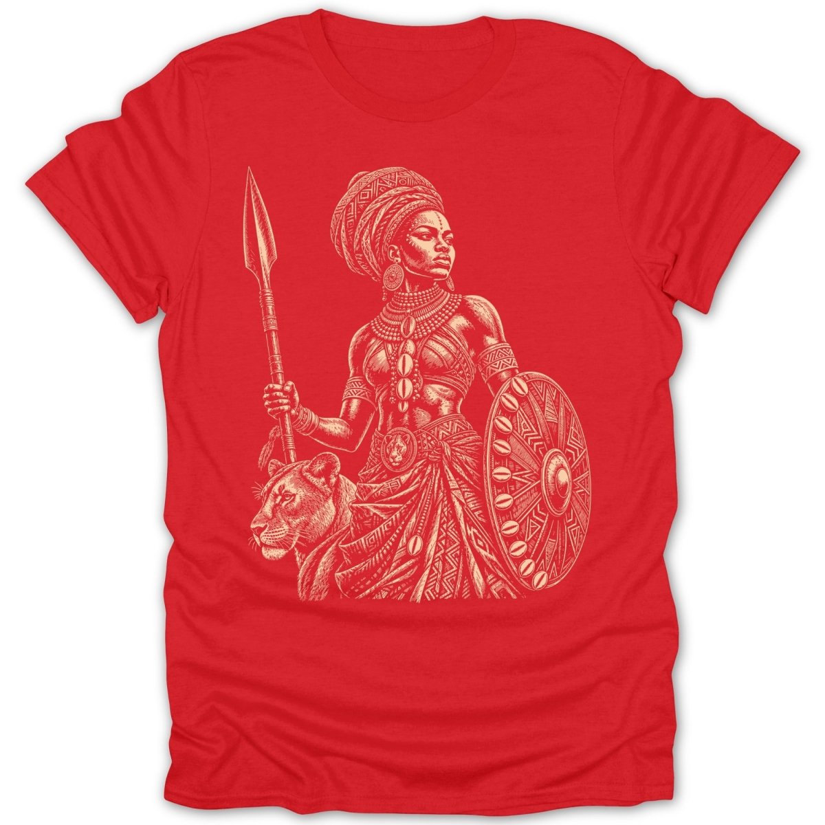 Illustrative drawing of a warrior woman with a lion and spear on a red t-shirt.