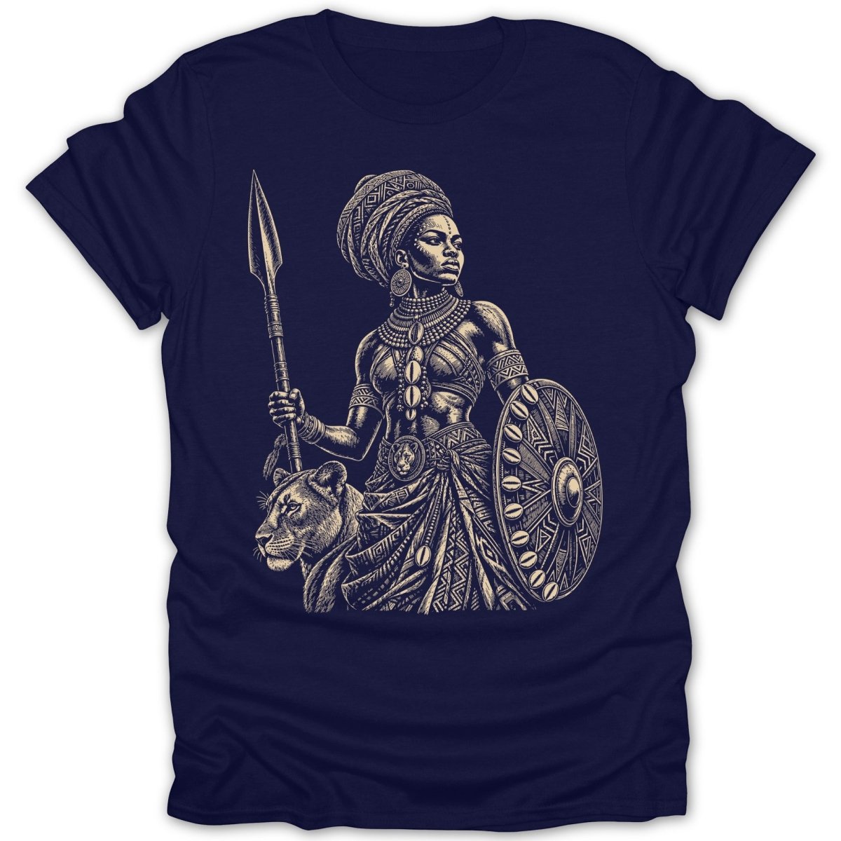 T-shirt graphic: Woman warrior with spear, shield, lion, and African patterns.