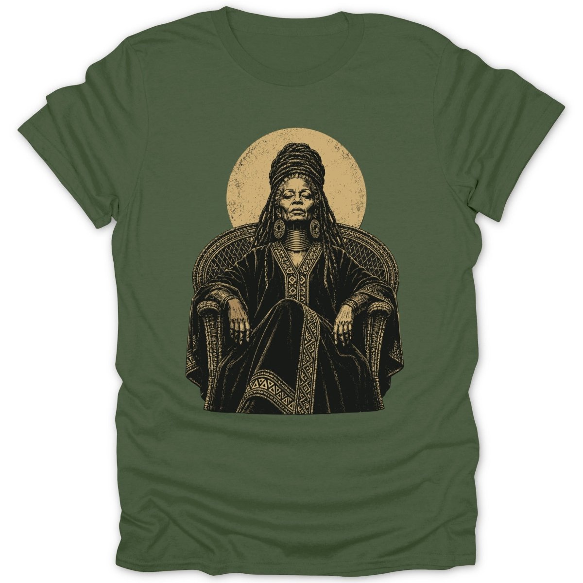 Black and gold illustration of a woman with dreadlocks seated in a chair.