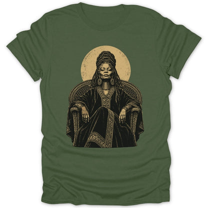 Black and gold illustration of a woman with dreadlocks seated in a chair.