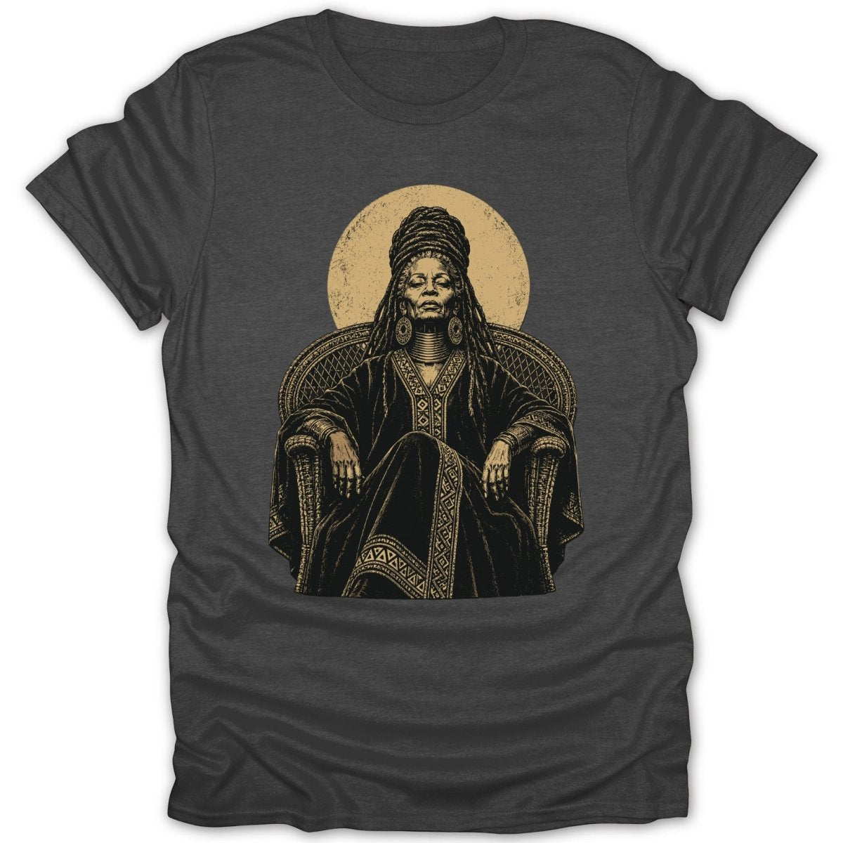 T-shirt with inked illustration of a seated woman with dreadlocks and ornate clothing.