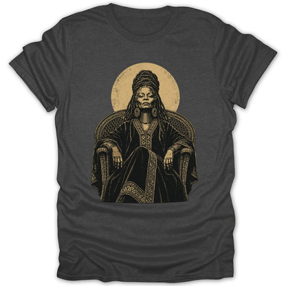 T-shirt with inked illustration of a seated woman with dreadlocks and ornate clothing.