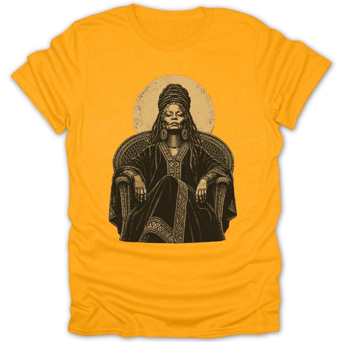 Illustration of an elder seated in a chair with ornate clothing and headdress.