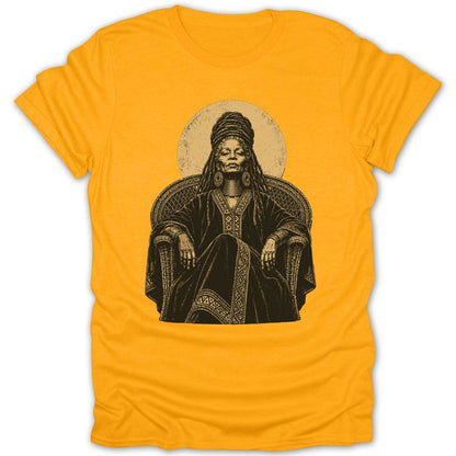 Illustration of an elder seated in a chair with ornate clothing and headdress.