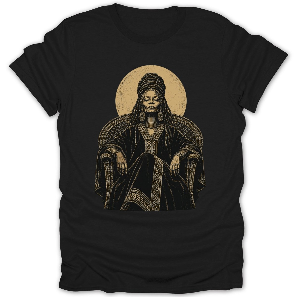 Black t-shirt with a gold and black illustration of a majestic woman seated.