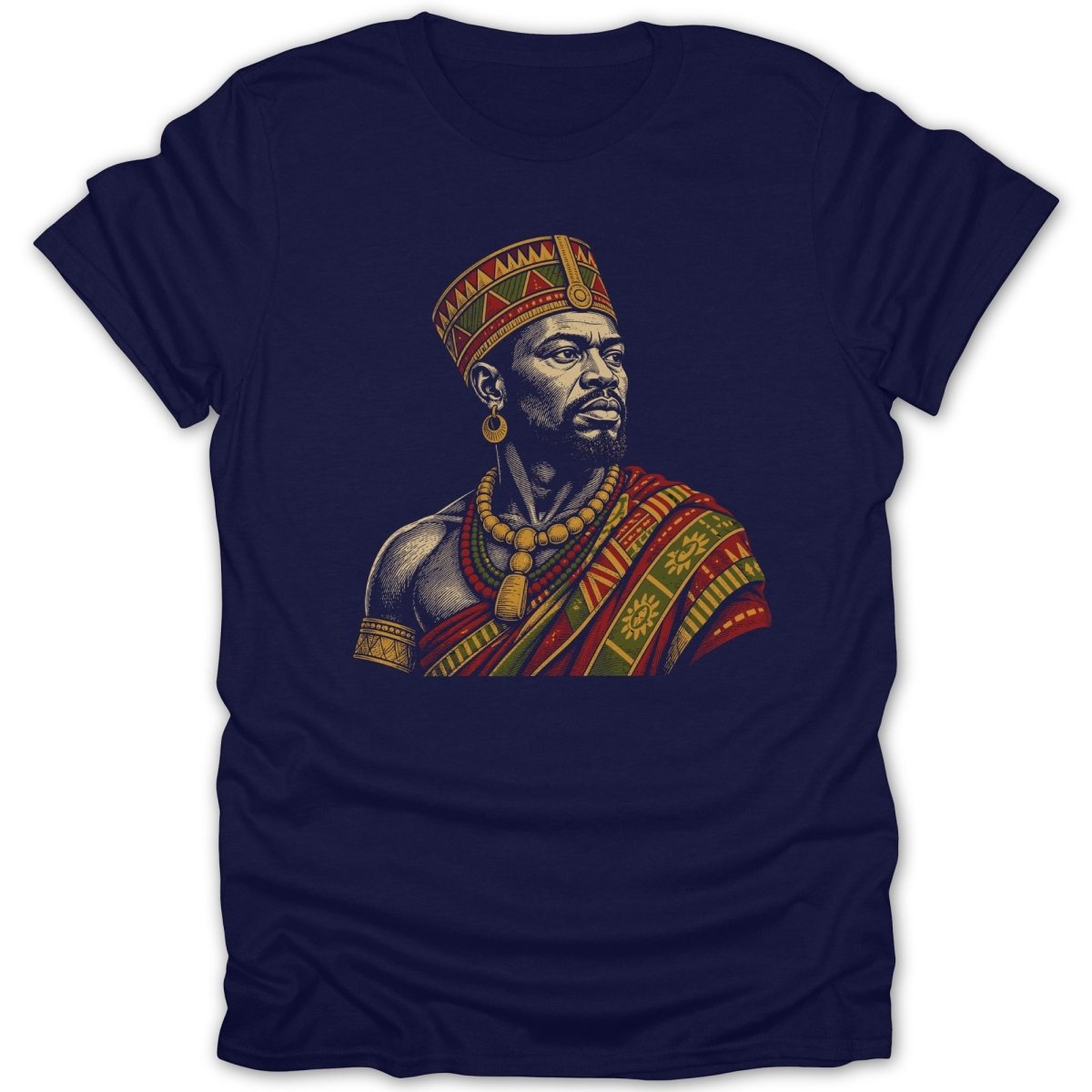 T-shirt with illustration of African king wearing ornate headdress and traditional clothing.