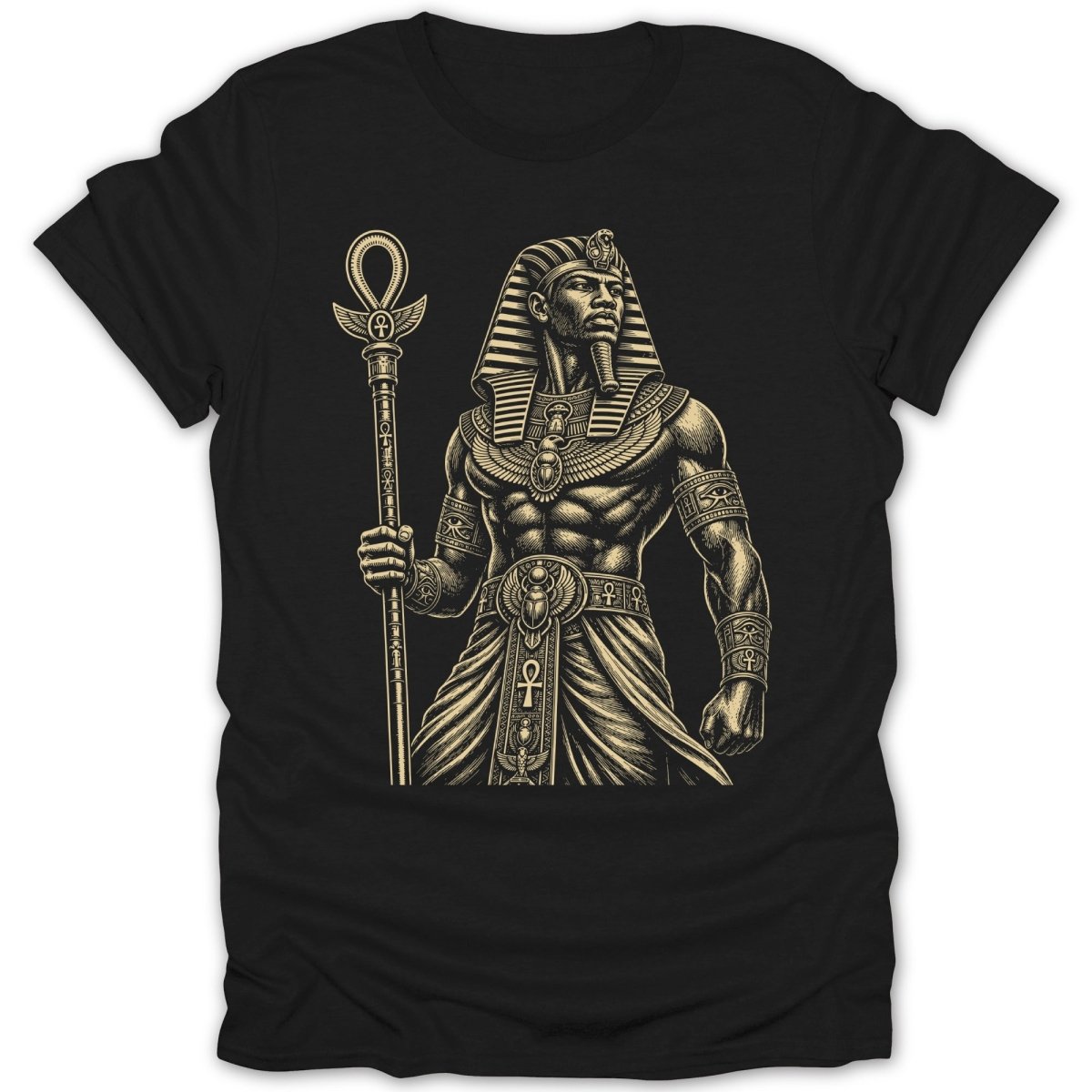 Black t-shirt with gold print of an Egyptian pharaoh holding a staff with an ankh.