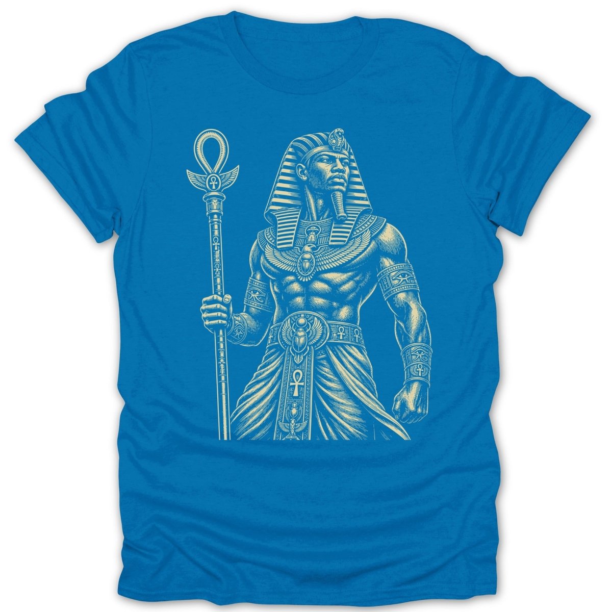 T-shirt with a blue background featuring a cream-colored sketch of an Egyptian pharaoh.
