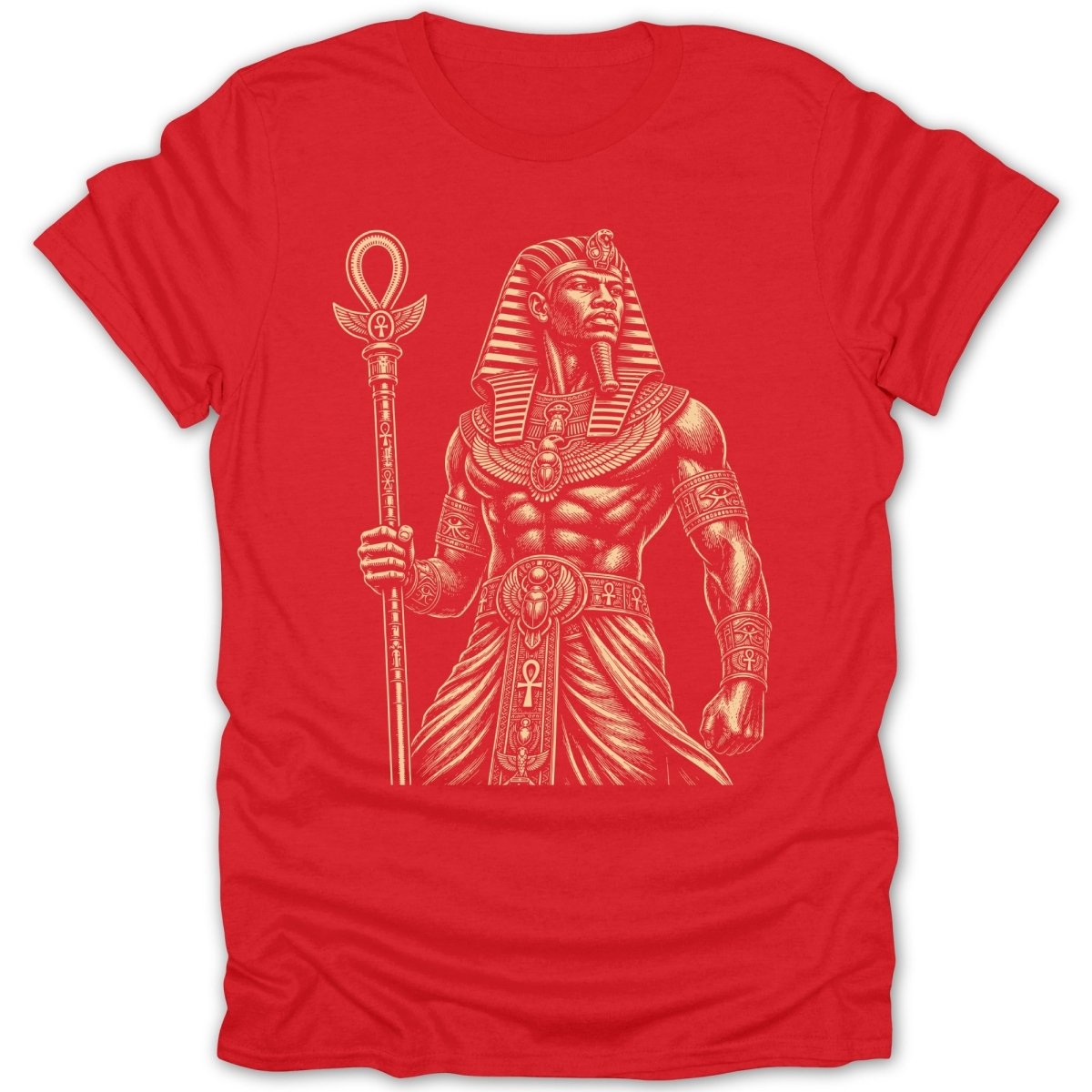 Red t-shirt with a graphic of an Egyptian pharaoh holding a staff and scepter.