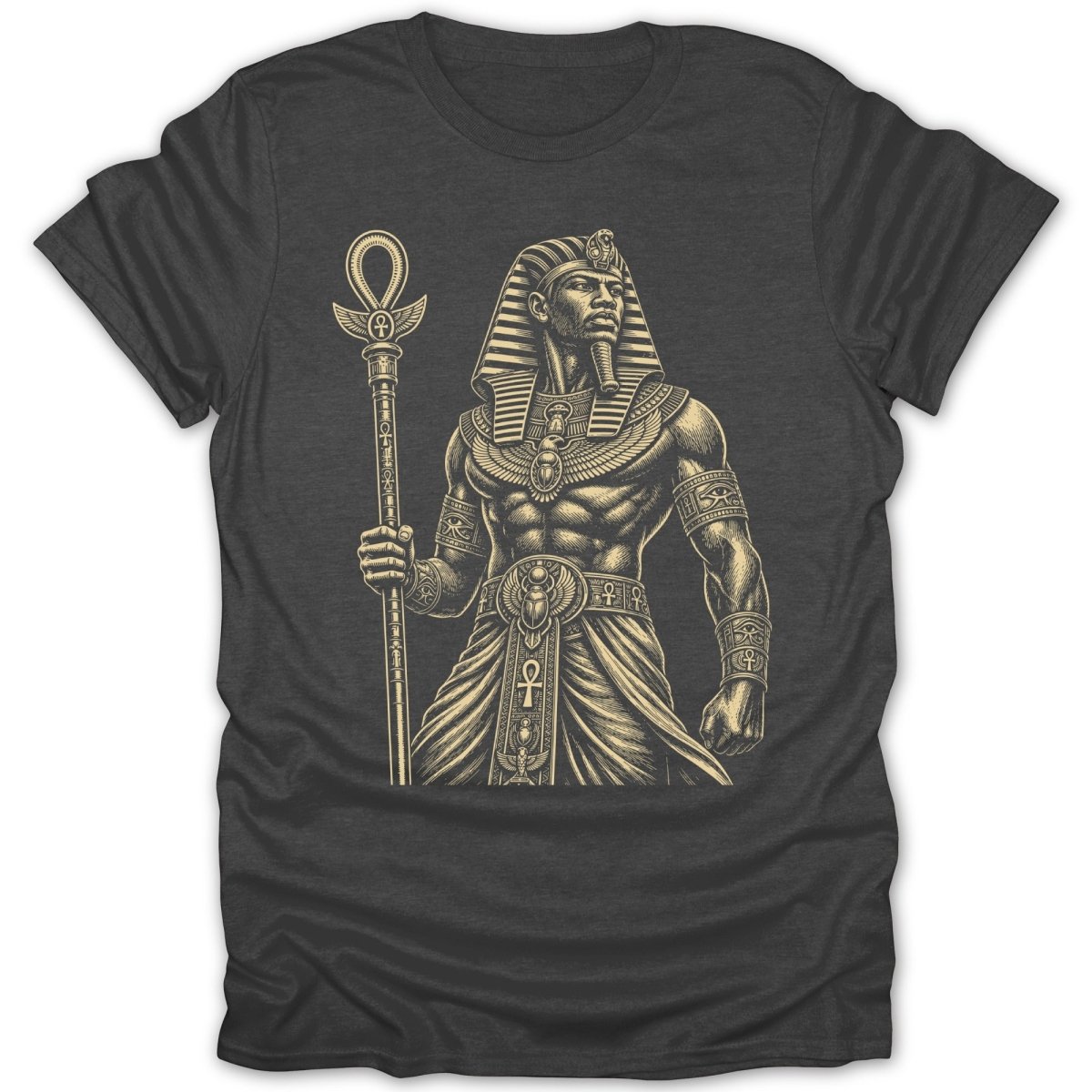 Egyptian pharaoh with traditional headdress and staff, holding an ankh symbol.