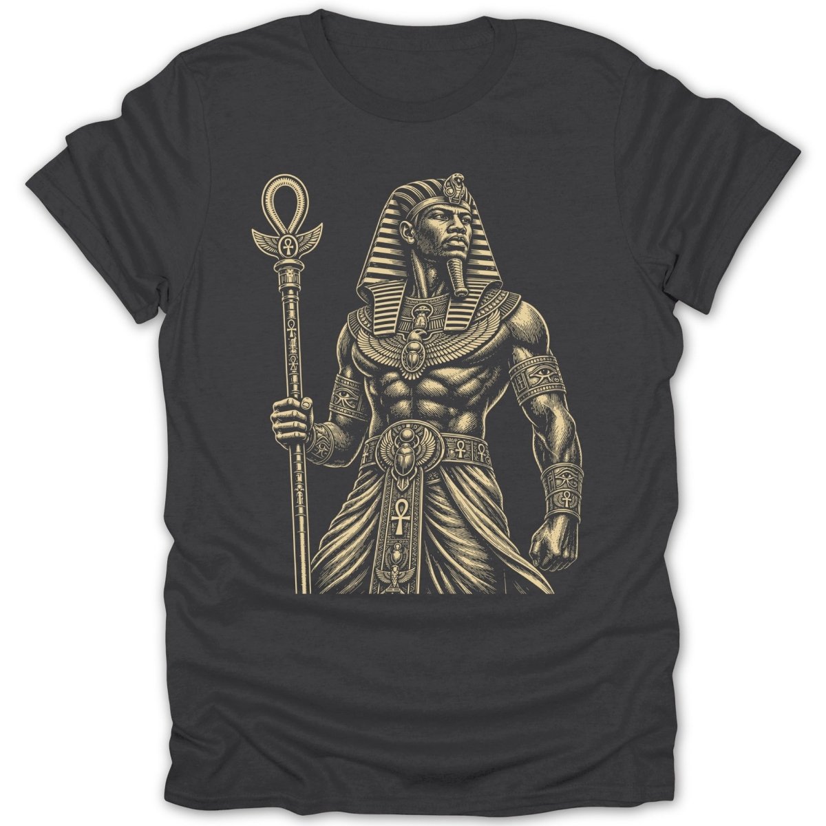 Black t-shirt with an engraved-style illustration of an Egyptian pharaoh holding a staff.