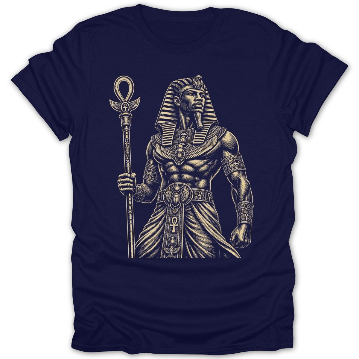 T-shirt with an ancient Egyptian pharaoh holding a staff with an ankh symbol.