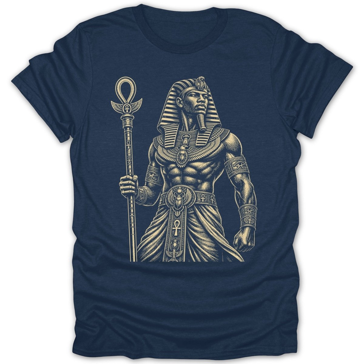 T-shirt with illustration of Egyptian pharaoh holding a staff and an ankh.