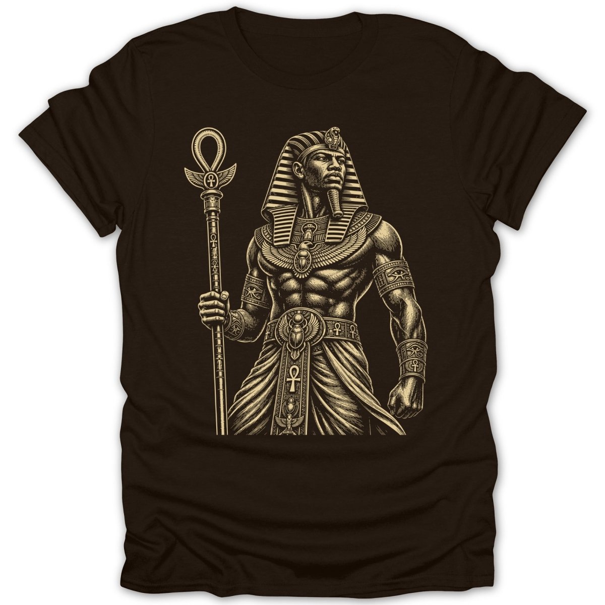 Pharaoh wearing headdress and ornate jewelry, holding an ankh staff.