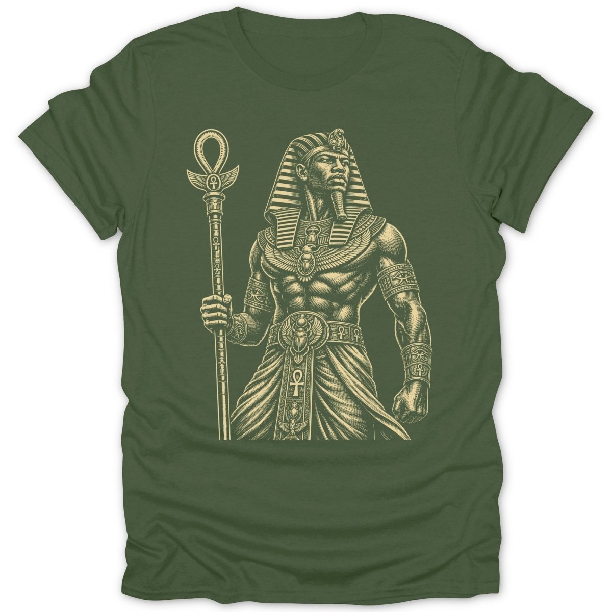 Green t-shirt with an illustration of a pharaoh holding an ankh staff.