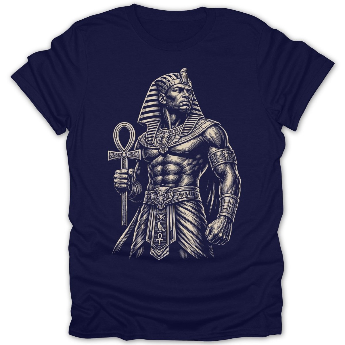 Illustration of a muscular Egyptian pharaoh holding an ankh symbol.