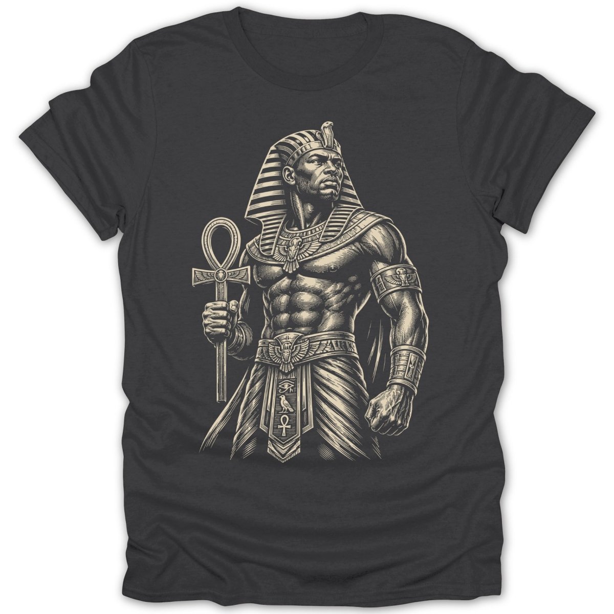 Pharaoh holding an ankh, wearing traditional headdress and kilt.