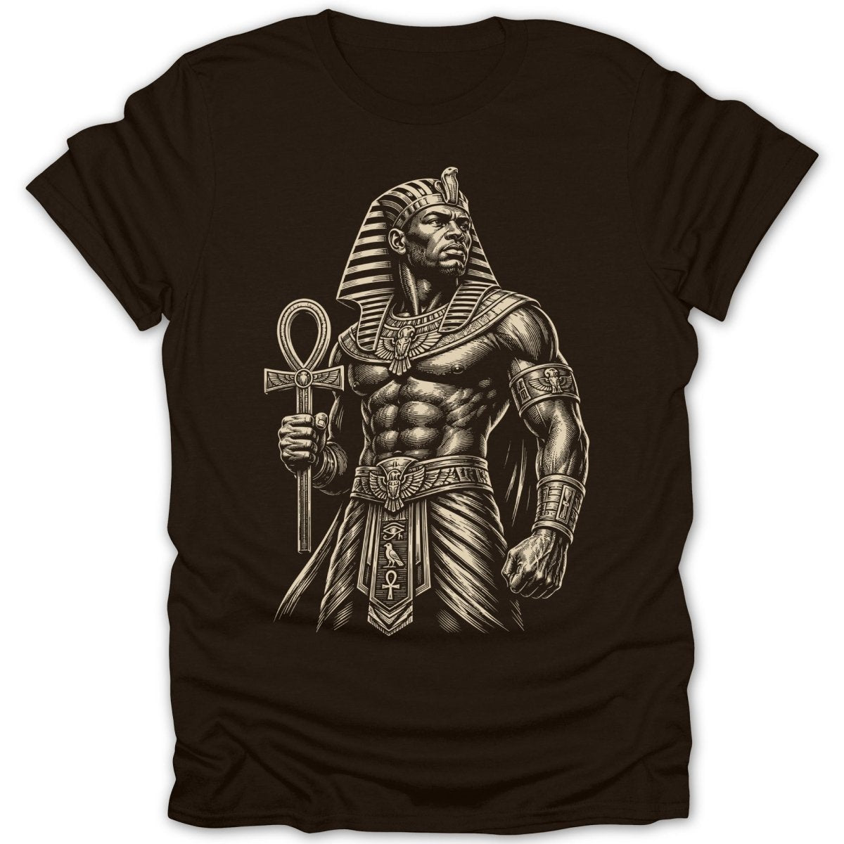 T-shirt with graphic of muscular pharaoh holding an ankh symbol.
