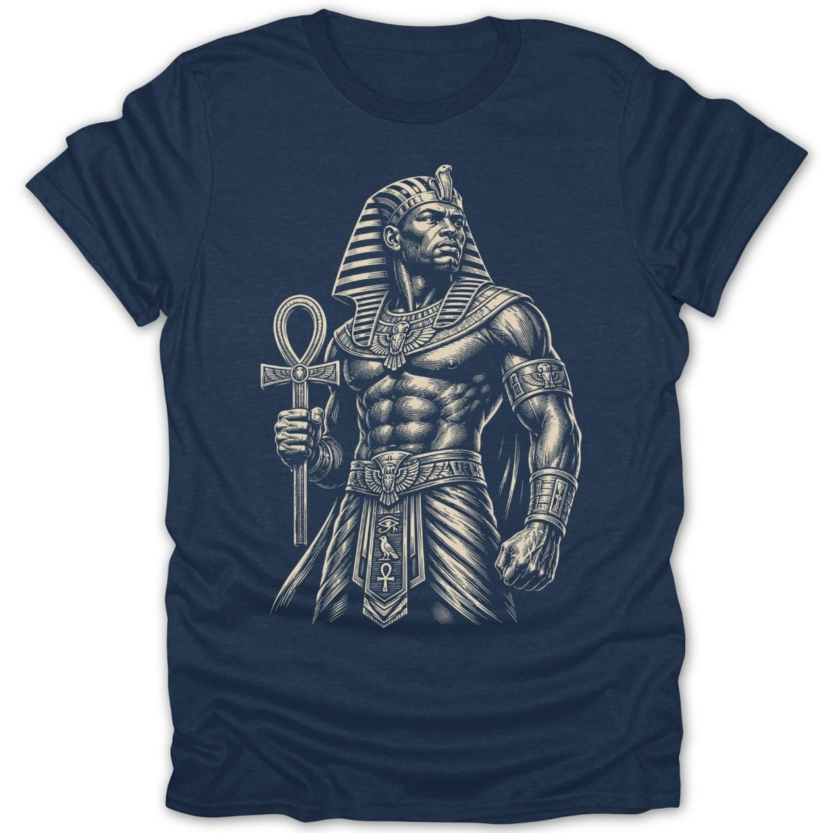 Man in Egyptian headdress holding an ankh, muscular physique, dark blue t-shirt.