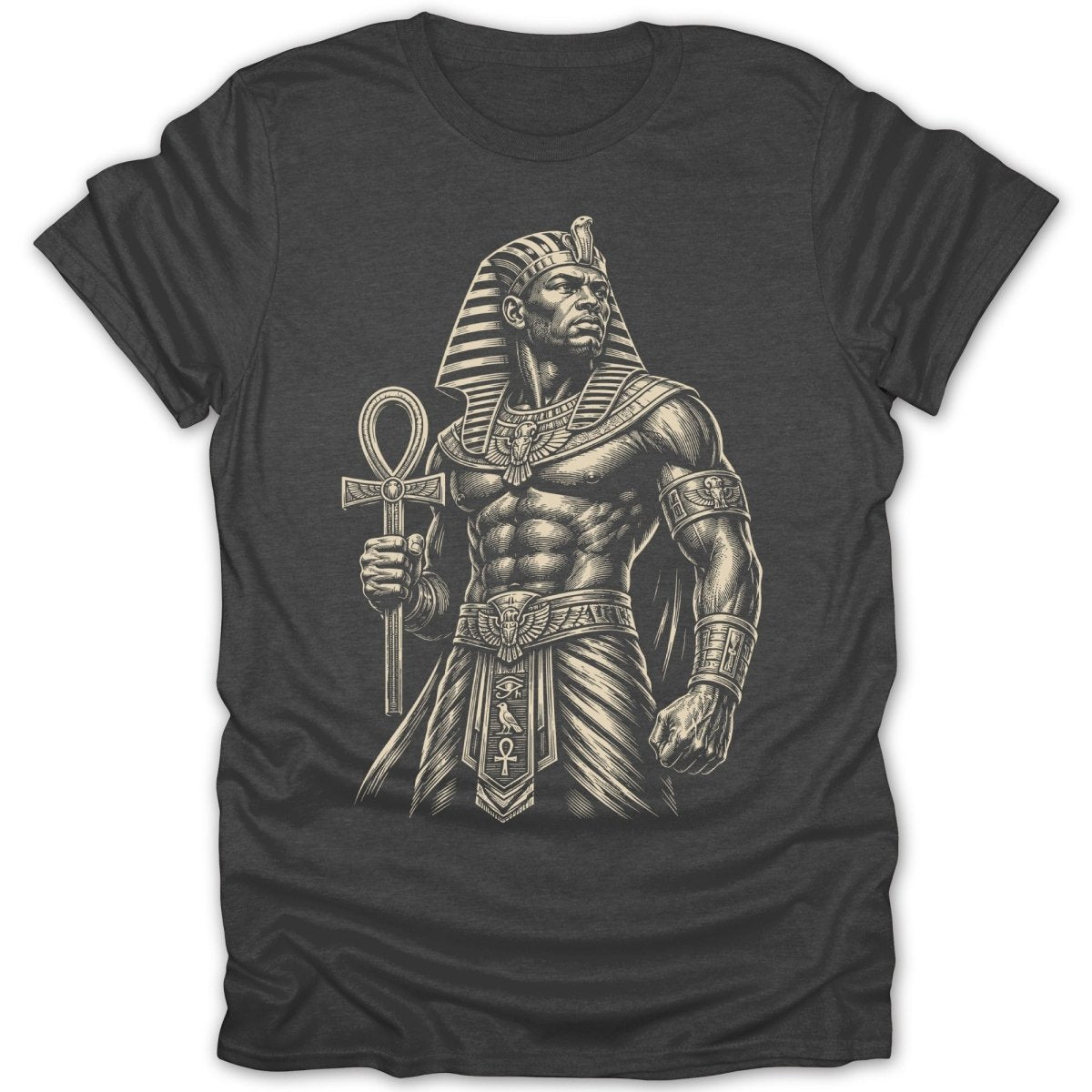 Muscular man in Egyptian pharaoh attire holds an ankh symbol.