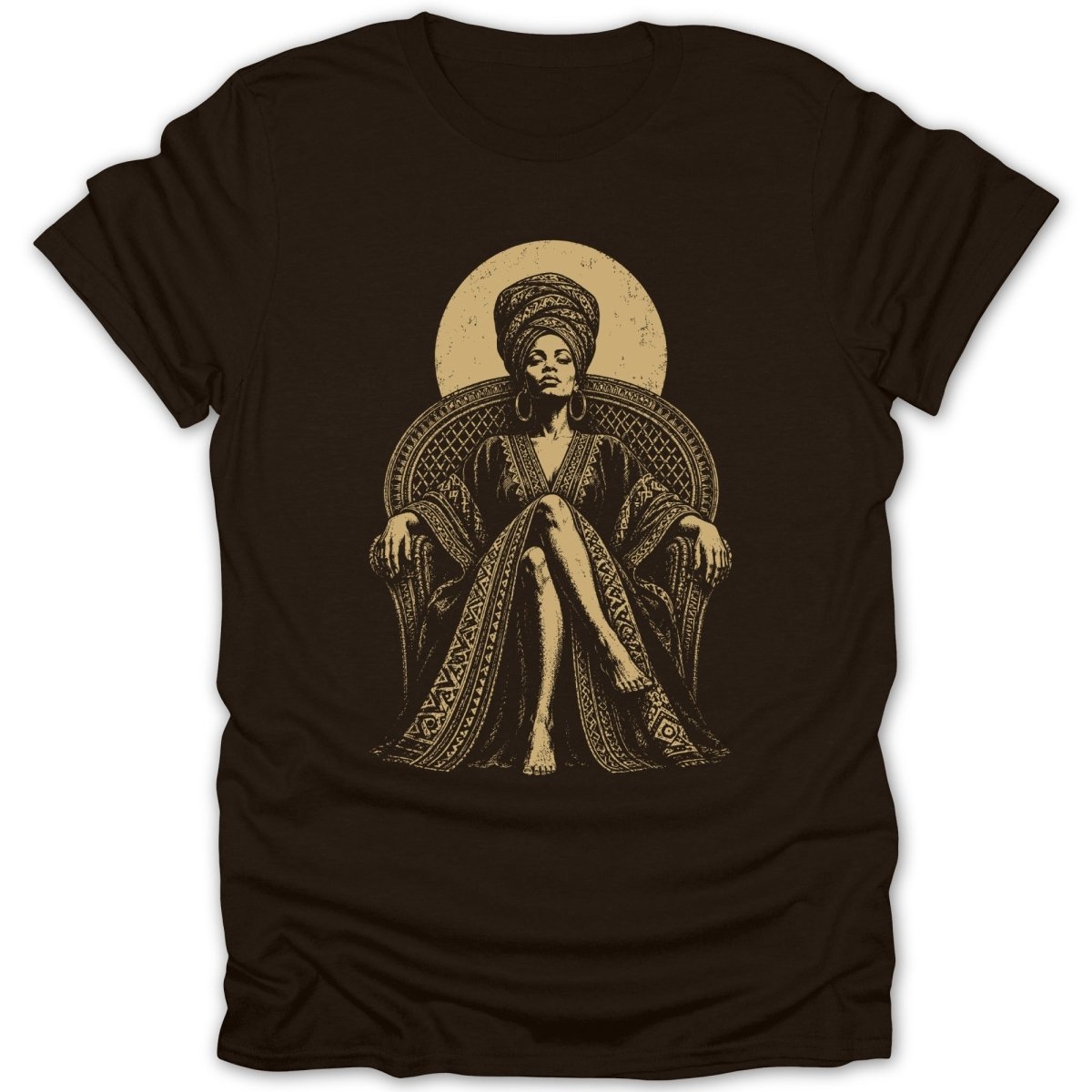 Illustration of a woman in a headwrap and patterned robe sitting on a chair with a sun.