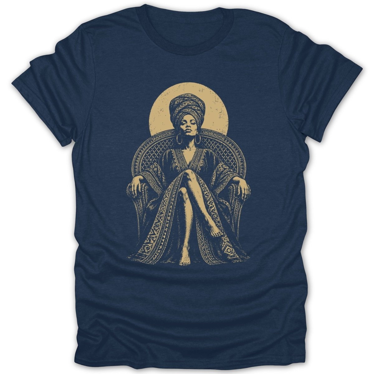 Illustration of a regal woman with a headwrap sitting on a throne.